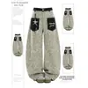 Jeans con bolsillo de parche de estampado de leopardo para hombre, corte recto holgado, piernas anchas curvas, estilo American high street, marca de moda, geniales y retro