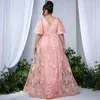 Vestido Rosa Talla Extra para Mujer 2026 Nuevo Verano Cuello en V Cintura Bordada Ceñidora Estilizante Mangas de Campana Vestido Largo