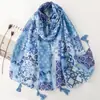Bufanda de borlas con estampado geométrico de porcelana azul y blanca vintage, bufanda de seda con tacto de algodón y lino, chal de viaje de Yunnan para mujer