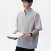 Camiseta Top Masculino Casual Versátil Tendência Verão Novo Manga Curta Unissex Elegante Decote V Falso Duas Peças Solta Confortável
