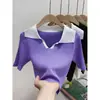 Camiseta de Manga Corta con Cuello Polo y Costuras de Color Contrastante para Mujer, Corta, Elegante, Tejido de Punto Delgado con Hilo de Seda de Hielo, Solapa, Top de Verano