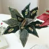 Flores de Navidad nuevas, decoraciones de Navidad, arreglos florales de tela dorada con purpurina de alta gama para árbol de Navidad, flores de malla artificial