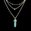 Deseo AliExpress eBay popular tres capas cuentas corazón de melocotón columna hexagonal collar de piedras preciosas cadena para la clavícula cadena para suéter venta al por mayor