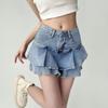 Saia Mini Jeans Ruffle Cintura Alta Picante Petite Feminina Verão Designer Nicho Saia Evasê