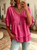 Camiseta de punto calado con cuello en V para mujer, camiseta de manga corta de encaje con flecos suelta de verano, top casual, ropa casual de verano europea y americana
