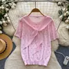 Top de Punto Calado con Lunares y Cinta Estilo Coreano para Mujer, Verano Transpirable Amigable con la Piel, Manga Corta, Cuello en V, Adelgazante, Versátil, Juvenil