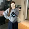 Estilo Coreano Dulce Holgado Ropa Exterior Manga Larga Camisa de Punto Divertido Gato Jacquard Suéter Suave Cera Nuevo Top de Otoño e Invierno para Mujer