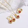 Brincos de Coração Vermelho Zircônia Cruz Brincos Colar Pingente Conjunto de Anéis Decoração Cobre Atacado