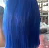 Peluca Bobo Azul Corta Recta de Cabello Humano Real Peluca de Cabello Humano con Malla Frontal 13X4