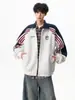 Cardigã Moletom Listrado Color-Block Estilo Americano Gola Alta Masculino Marca Tendência Estilo Faculdade Solto Casual Versátil Jaqueta Esportiva Casaco