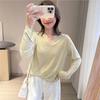 Blusa Leve Macia de Manga Longa BI Macaron Lazy com Abertura em T e Decote V para Viagem, Pulôver Solto que Cobre a Barriga