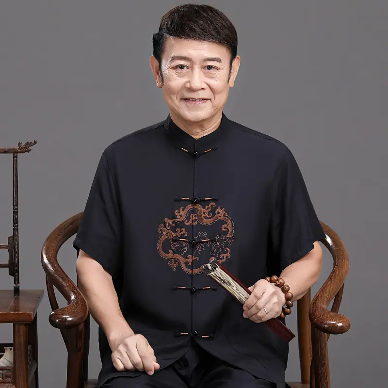 智贝主图_0中老年爷爷夏季男士爸爸衬衫短袖绸缎桑蚕丝男中国