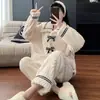 Pijama de Fleece Coral para Mulheres, Espessado Outono/Inverno Fofo Flanela Roupa de Casa, Pode Ser Usado Fora, Conjunto de Robe Cardigan de Manga Longa