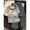 Pijama Modal de Manga Curta Estilo Coreano Falso Duas Peças com Bojo no Peito para Mulheres, Conjunto de Calça Longa Listrada de Verão Adequado para Sair