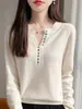 Suéter de punto para mujer con cuello en V y manga larga, suéter suave de color liso con botones para otoño, diseño elegante, camiseta básica interior, transfronterizo