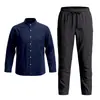 Conjunto de Algodón y Lino para Hombre de Cuatro Estaciones Transfronterizo, Set de Yoga para Casa Casual Transpirable con Cuello mao, Manga Larga, Pantalones Largos, Camisa de Botones para Playa