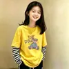 Camiseta de manga larga para niña, algodón puro, estilo primavera y otoño, versión coreana, holgada, sencilla, casual, cuello redondo, camiseta básica para niños, imitación de dos piezas