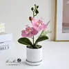 Flores artificiais com duas flores e uma fruta, toque realista, pequeno bonsai de Phalaenopsis, adereços de plantas verdes para fotografia, ornamentos de vaso de flores decorativos para sala de estar