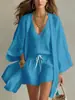Conjunto de Três Peças de Algodão e Linho Verão 2026 Transfronteiriço Europeu e Americano para Mulheres, Conjunto de Kimono Sem Mangas e Shorts Estilo Resort Europeu e Americano