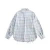 Nanxia Qiaozhuang Nova Camisa Masculina Vintage Desgastada com Barra Desfiada Xadrez de Bambu Azul Manga Longa Estilo Retrô Americano