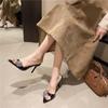 Sapatos de salto alto com strass pontudo para mulheres, verão 2025, mais recentes, preto, salto agulha de alta qualidade, lindas sandálias para atividades ao ar livre