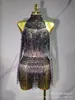 Macacão de Rede com Gola Halter de Manga Longa com Franjas de Strass para Performance de Cantora em Palco de Boate - Venda Quente Transfronteiriça Europeia e Americana