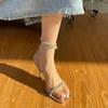 2025 Nuevos Zapatos de Hada Franceses Sandalias de Pedrería para Mujer Verano Punta Abierta Stiletto Zapatos Romanos de Una Línea Punta Cuadrada Tacones Altos