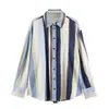 Moda Femenina Europea y Americana Colección Nueva Primavera 2026: Camisa Rayada Texturizada Versátil con Cuello de Solapa, Camisa de Manga Larga Color Block para Mujer
