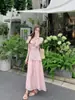 Foto real de vestido rosa sin mangas con volantes para mujer, diseño de dos piezas falso, hermoso y elegante vestido largo 18647