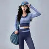 Set Especial de Pilates para Mujer Bloque de Color Falso Dos Piezas Top de Manga Larga Pantalones de Falda de Cintura Alta Elástico Adelgazante Se Puede Usar al Aire Libre
