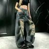 Pantalones vaqueros de corte recto, holgados, de tendencia, con un ligero acampanado, de estilo callejero americano, lavado vintage, detalles desgastados y rotos, para uso transfronterizo.