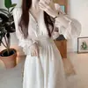 Nuevo Vestido de Gasa Coreano Estilo Ins Romántico Francés Floral Cuello en V Ceñido a la Cintura Adelgazante de Longitud Media