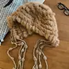 Novo Modelo 2024 Orelha mais Quente de Tassel de Pelo de Coelho Real Chapéu de Pelúcia para Mulheres, Outono e Inverno, Emagrecimento Facial, Chapéu de Tricô Quente, Chapéu Lei Feng de Esqui