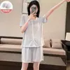 Pijama de Algodón de Color para Mujer Verano Nuevo Estilo Coreano Estilo Ins con Almohadilla en el Pecho Encaje Manga Corta Pantalones Cortos Suelto Casual Ropa para el Hogar