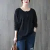 Novedades Otoño e Invierno 2025 Talla Grande Cuello Redondo Botones Suéter Camiseta de Algodón y Lino Holgada, Cómoda, Moderna, Adelgazante y Sencilla Ropa para Mujer