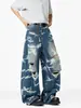 Jeans americano lavado rasgado para homens e mulheres, calças camufladas de design retrô de verão, vibe high street, calças de perna curva