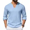 Amazon Transfronterizo Primavera Nuevo Producto Estilo Americano Holgado Lino Casual Holgado Hombres Diseño Cuello en V Talla Grande Manga Larga Camiseta