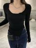 Top de moda y elegante con diseño único, nueva camiseta básica de manga larga con volantes, corte ajustado y abertura lateral irregular