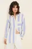 Camisa de Rayas de Venta Caliente Transfronteriza Europea y Americana para Mujer con Solapa, Bolsillo de Parche, Hombro Caído, Manga Larga, Transpirable, Estilo Perezoso de Vacaciones