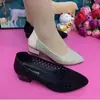 Zapatos de tacón grueso para mujer de mediana edad con pedrería y malla, Zapatos de madre de piel suave genuina, Sandalias huecas transpirables con punta y tacón grueso
