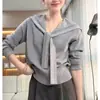 Tricô com Gola Xale Azul Marinho Cinza para Mulheres Design Outono 2025 Estilo Curto Top