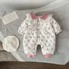 Mameleco estilo coreano para bebé niña con cuello, ribete de encaje, acolchado y forrado de polar, ropa de algodón estampada, enterizo cálido para recién nacidos, moderno