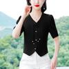 Camisa de Chiffon Estilo Chinês Retrô com Fivela para Mulheres Verão 2024 Novo Estilo Fashion Camisa Curta Camisa Acinturada