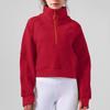 Moletom Feminino Melard Espesso com Forro de Fleece para Outono e Inverno, Manga Longa, Comprimento Curto, Gola Alta, Meia-Zipper, Blusa Esportiva