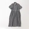 Vestido Sencillo de Estilo Japonés para el Trabajo, Hilo 17x21, Lino Puro Ligero, Cuello Pico Pequeño, Longitud Media, Manga Corta, Vestido Casual Elegante
