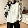 2026 cárdigan de marca de moda chaqueta con cremallera estilo americano sudadera deportiva color block textura a rayas para hombre otoño