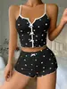 Pijama para casa con abertura frontal, conjunto de shorts de tirantes, ropa de estar con estampado de corazones, ropa de dormir casual y fresca para mujer