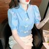 Verano Diseño Nicho Estilo Chino Nuevo Estilo Nacional Ligero Camisa Abotonada de Manga Corta para Mujer Holgada Talla Grande Talla Extra mm Top