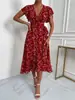 Vestido Transfronterizo de Verano para Mujer Amazon Europeo y Americano, Cuello en V, Estilo Vacacional, Cintura Ceñida con Volantes, Estampado Floral