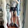 Shorts de mezclilla estilo americano de corte A para mujer, verano, adecuados para tipos de cuerpo de pera, petite, adelgazantes, tallas grandes, elásticos, adecuados para usar al aire libre